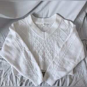 Cozy Cable Knit V-Neck Sweater in White
